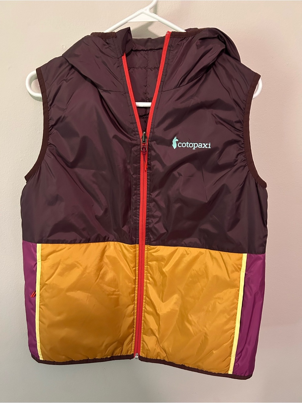 cotopaxi Maroon, Mustard & Purple Colorblock Hooded Vest